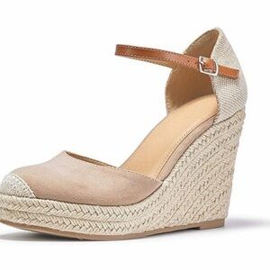 Neutral Beige Espadrille Wedge Sandals with Ankle Strap